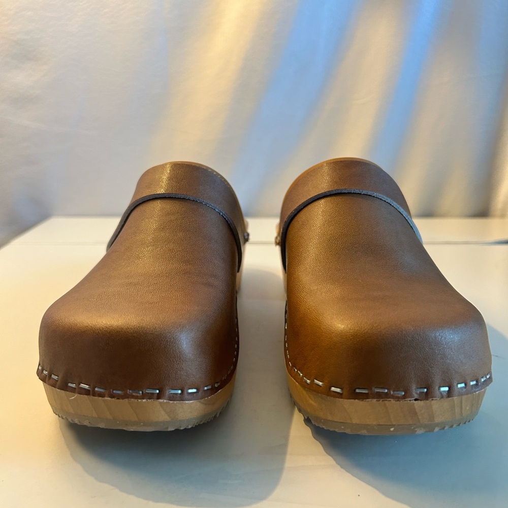 BJORK Maja Brown Leather Mule Clog with Wooden Sole Open Back Sz 39  8-8.5 - Picture 4 of 16
